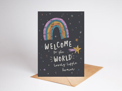 Welcome to the world, baby card, newborn, family, rainbow.