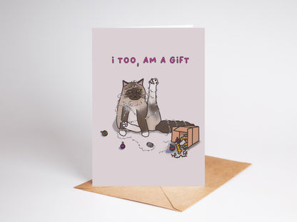 Illustrated Cat Christmas Card | 'I Too Am A Gift' (Recycled)
