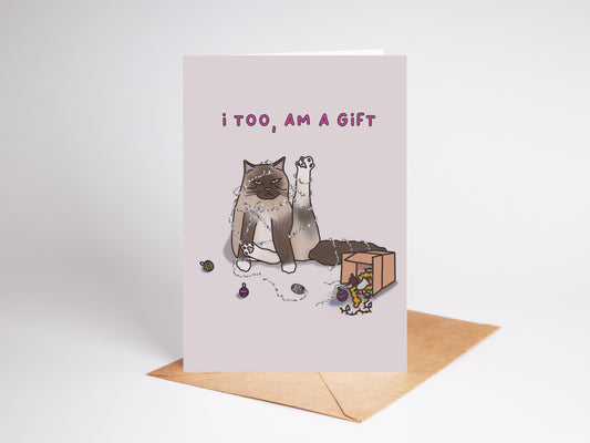 Illustrated Cat Christmas Card | 'I Too Am A Gift' (Recycled)