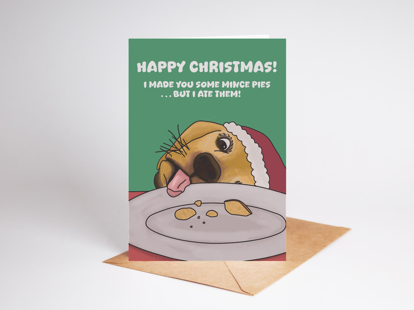 Funny Dog Christmas Card: Mince Pie Humor (Recycled Card)