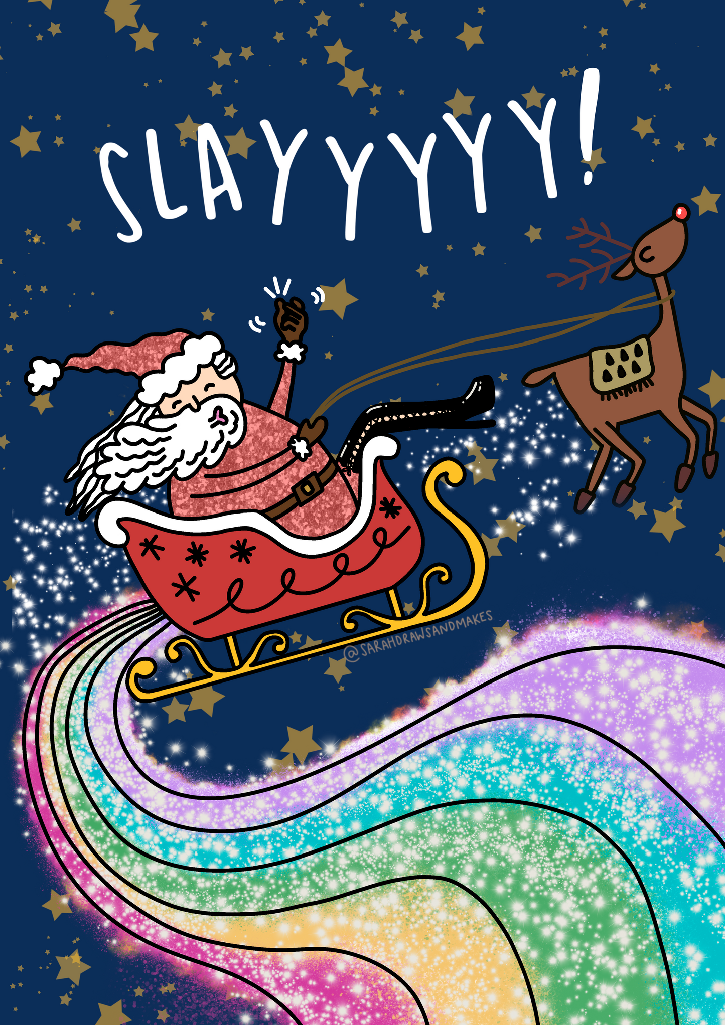 Slayyyyy! Father Christmas Sleigh on Rainbow | LGBTQIA+ Christmas Card