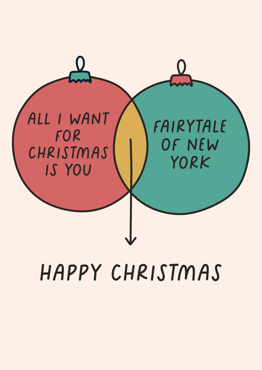 Venn Diagram Christmas Card | All I Want For Christmas Is You & Fairytale Of New York | Merry Christmas Greeting Card | Bauble Design