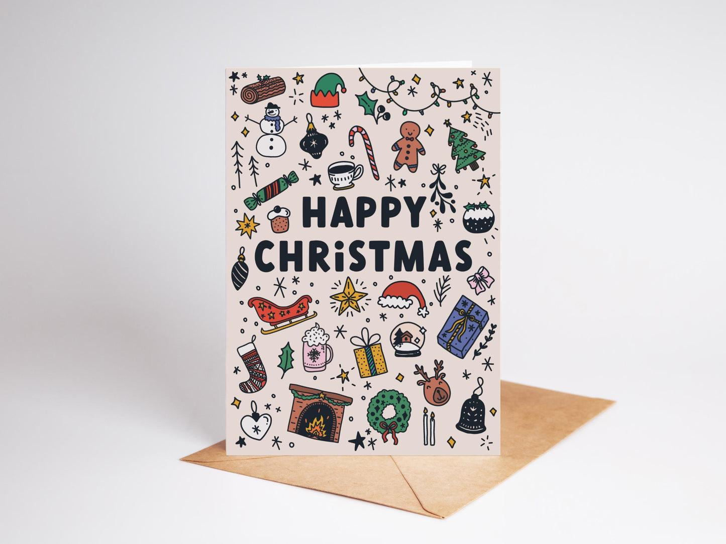 Hand-Drawn Christmas Doodles Card: Recycled A6 Holiday Greeting