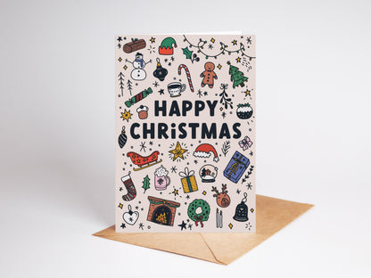Hand-Drawn Christmas Doodles Card: Recycled A6 Holiday Greeting