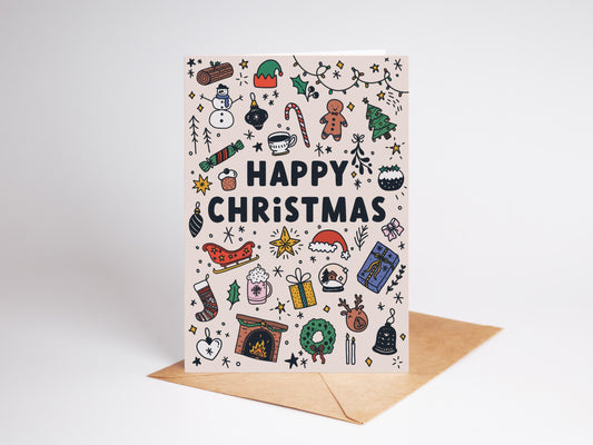 Hand-Drawn Christmas Doodles Card: Recycled A6 Holiday Greeting