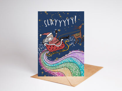 LGBTQIA+ Christmas Card | Father Christmas Sleigh on Rainbow