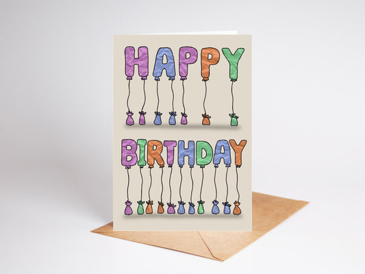 Colourful Balloon Happy Birthday Card, Friend, Relative, Fun.