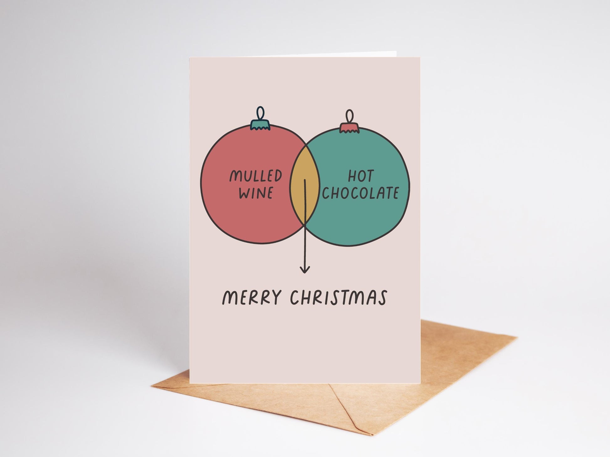 Venn Diagram Christmas Card | Mulled Wine & Hot Chocolate Baubles | Center 'Merry Christmas' | Unique Holiday Greeting Card, Recycled Card